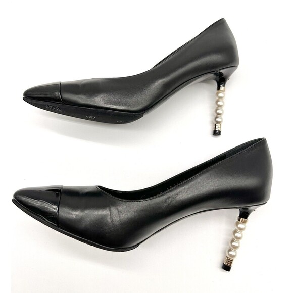 Chanel Patent Cap-Toe Pearl Heel Pumps in Black Leather EU38 US 7-7.5 - Picture 6 of 11
